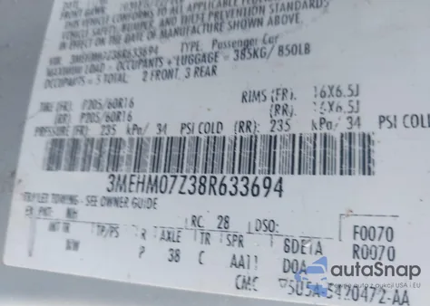 2008 Mercury Milan I4 from USA, damaged, VIN 3MEHM07Z38R633694